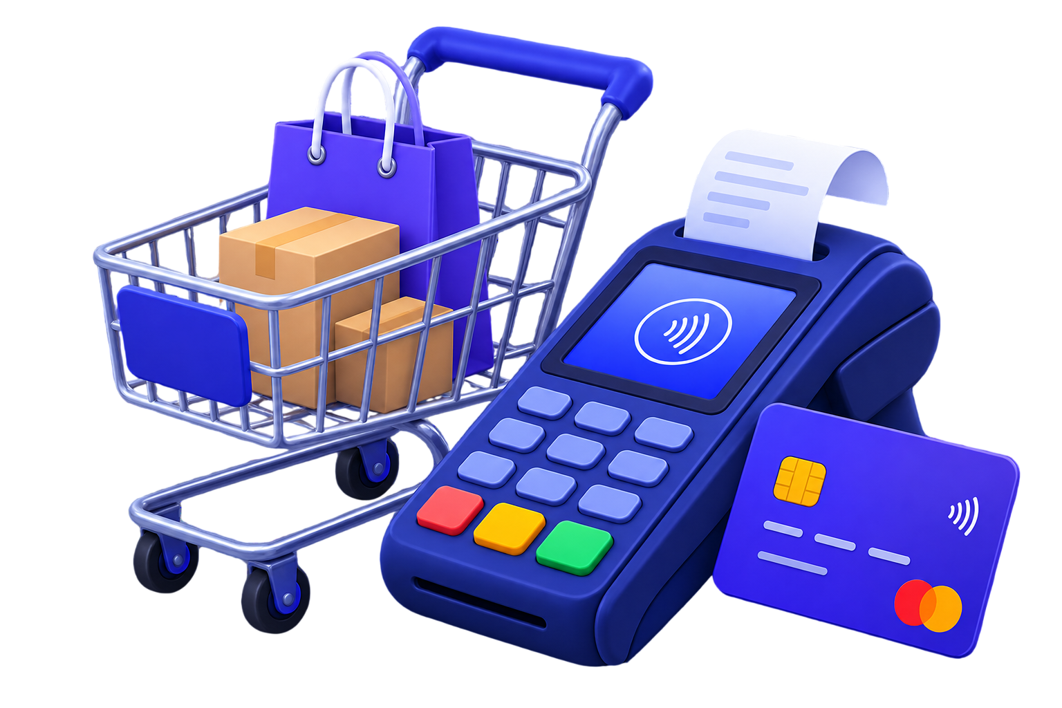E-ticaret ve perakende — alışveriş sepeti ve POS cihazı illüstrasyonu