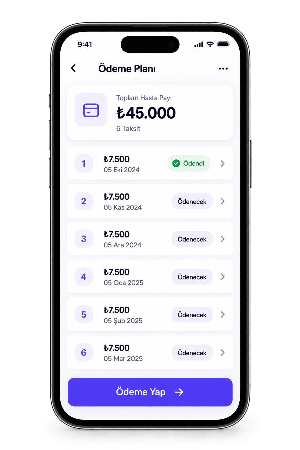Ödeme planı ekranı — taksit listesi ve toplam hasta payı