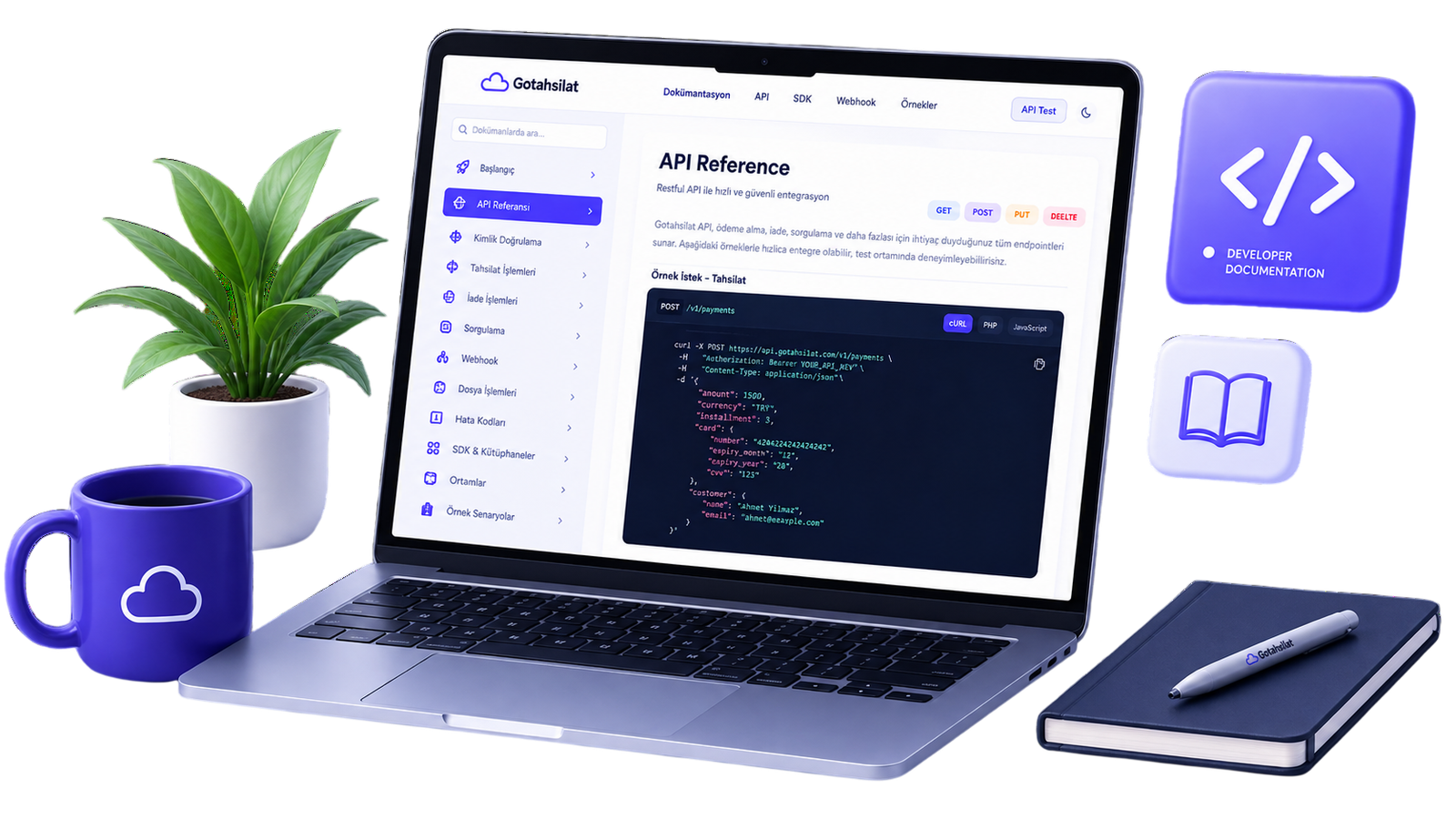Dokümantasyon — laptop üzerinde API paneli ve kod önizlemesi